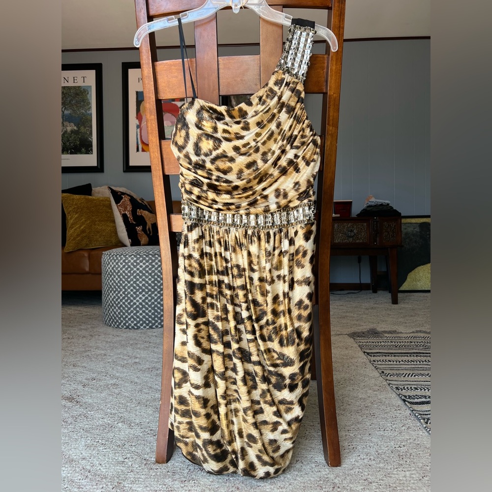 B Darlin Leopard Print Asymmetrical Ruched Cocktail Dress